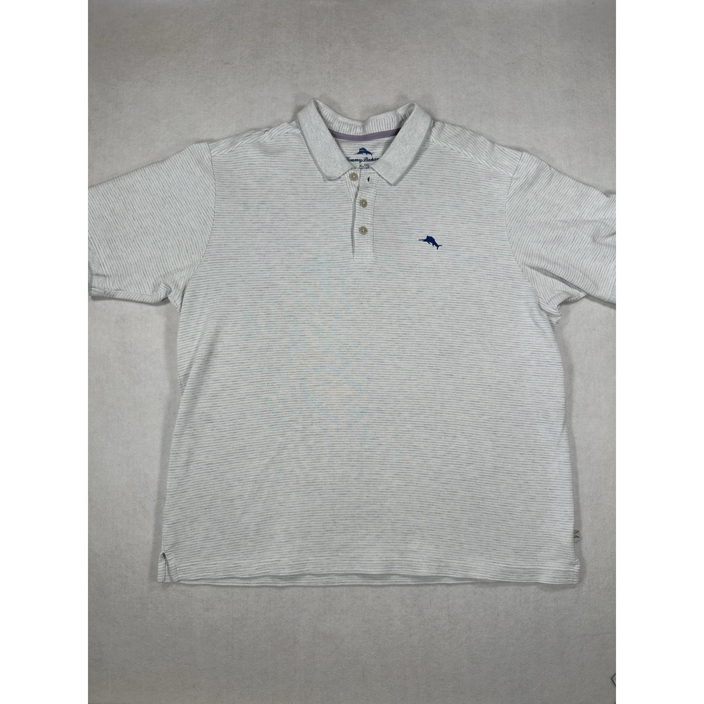 Tommy Bahama Men's Gray Striped Polo Marlin Logo Short Sleeve Shirt - Size XL